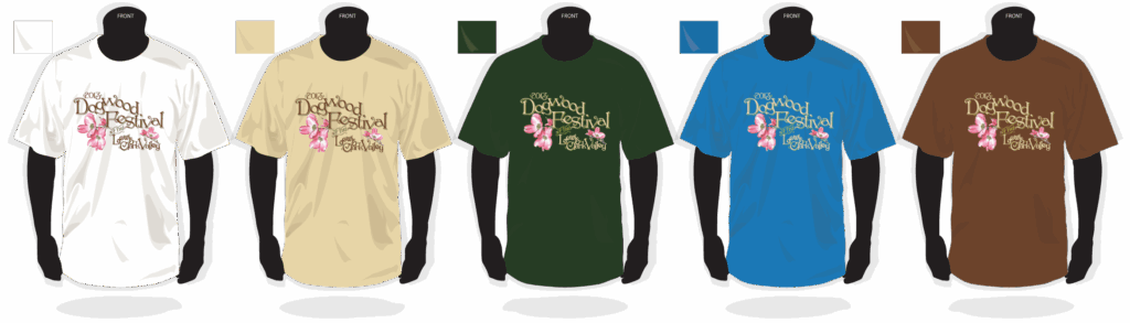 Mock up of DogWood Festival t-shirt design on 5 different t-shirt colors.