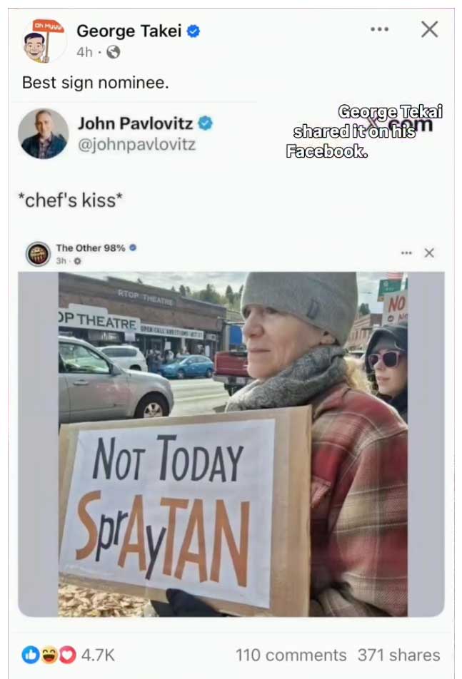 Screenshot of shared post from John Pavlovitz, George Takei and The Other 98% accounts.
