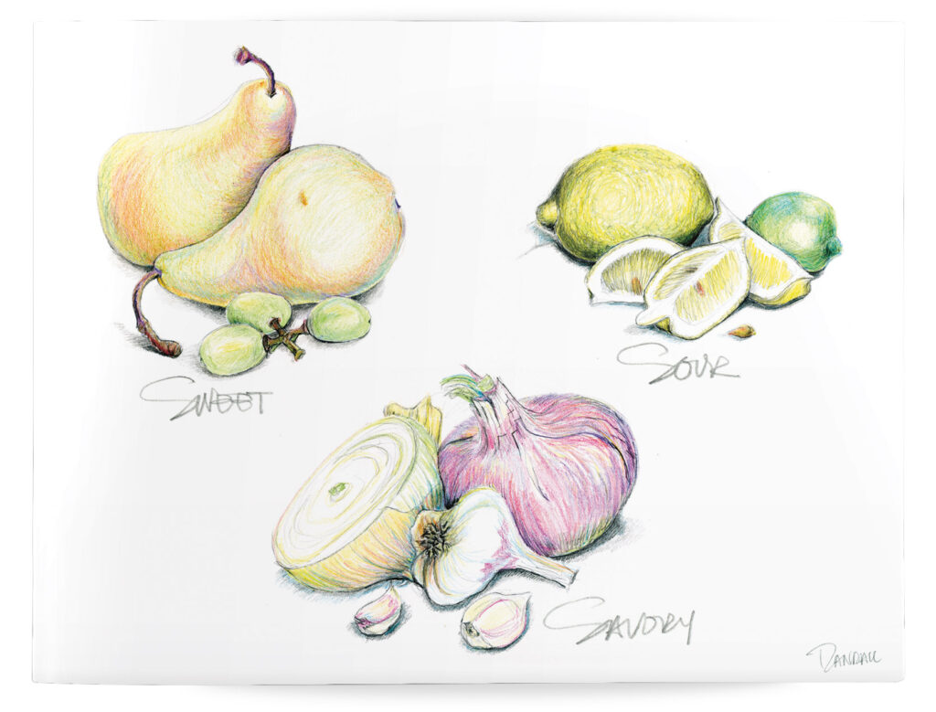 Illustration of pears and grapes, lemons and limes, and onion and garlic in Prisma color pencil and straight graphite on white background.